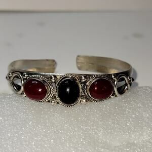 Tibetan-Style Silver-Tone Cuff Bracelet with Deep Red and Black Cabochons